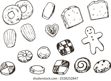 Black and white pen drawing illustration of cookies and baked goods.