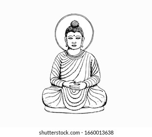 Black and white pen and ink illustration on Gautam Buddha. Concept art on Buddha. Concept illustration on Peace. Sitting buddha.