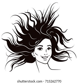 Black and white pen and ink style fashion female portrait. Attractive smiling confident young woman with long flowing windswept hair. Fashion comic book style illustration