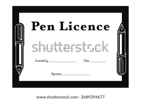 Black and white pen licence template with copy space for names for children who are learning to write in school in vector
