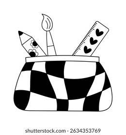 Black and white pencil case doodle, groovy school supplies, back to school, cute hand drawn vector illustration in flat style	