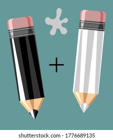 Black and White pencil with rubber eraser of mixing color. Vector illustration for school, creativity, idea, education and design symbol.