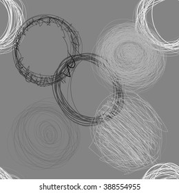 Black and White Pencil Scribble Circles Seamless Pattern. Abstract Background.