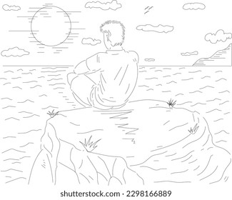 black   white pencil sketch design natural landscape where man sits the edge cliff while enjoying the natural scenery   it also appears that there is moon   vast ocean