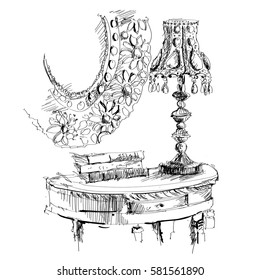 
black and white pencil sketch illustration of a very beautiful night lamp standing on the round table near the books in front of a mirror