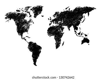 Black and white pencil sketch world map.