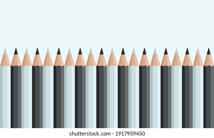 Black and white pencils isolated on a white background with copy space, blank banner with pencils set. Vector illustration, flat design, cartoon style.