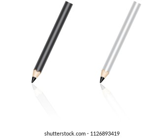 Black and white pencils in the process of writing. School stationaries wit reflection. Vector illustration