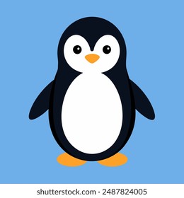 Black and white penguin with orange feet on blue background