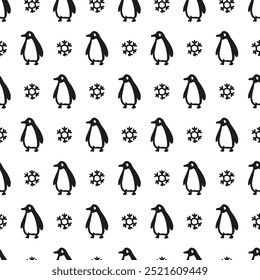 Pinguim preto e branco e silhueta floco de neve. Padrão contínuo para design de inverno. Perfeito para projetos de inverno e Natal