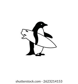 Surfista Pinguim Preto E Branco Segurando Surfboard Ilustração Monocromática Design Gráfico