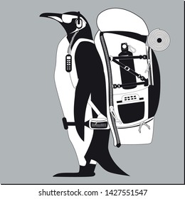 Black and white penguin tourist with a Hiking backpack on a gray background