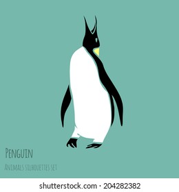 black and white penguin vector illustration - outline and silhouette set