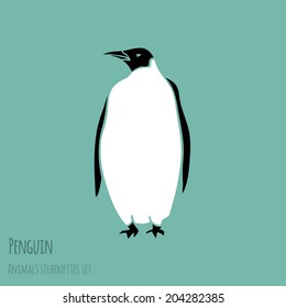 black and white penguin vector illustration - outline and silhouette set