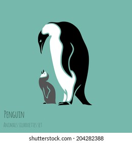 black and white penguin vector illustration - outline and silhouette set