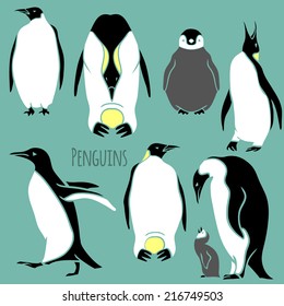 black and white penguin vector illustration - outline and silhouette set