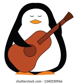 Black and white penguine holding a brown guitar vector illustration on white background 