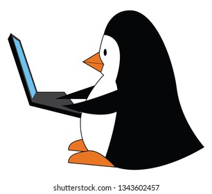 Black and white penguine with a laptop vector illustration on white background 
