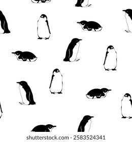 pinguins pretos e brancos. fundo repetitivo. padrão sem emenda vetorial. ilustração animal. amostra de tecido. papel de embrulho. modelo de design contínuo para cartão de saudação, têxtil, linho