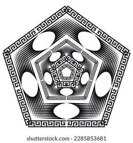 Black and white pentagon pattern. Geometric abstract greek style mandala pattern. Greek key meanders frames, borders. Geometrical shapes, lines, oval, stripes. Isolated design on white background.