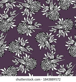 Black and white    peonies  flower on a dark purple background, vector pattern, handmade, suitable for fabric, paper, textile, decor