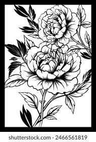 Black and white peonies flowers. Monochrome postcard. hand drawing. Not AI, Vector illustration.