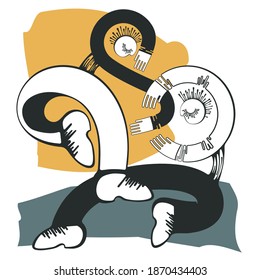 Black and white people dance break dance on the background of yellow and gray spots. Vector illustration with abstract people.