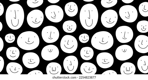 Black and white people faces seamless pattern illustration. Happy cartoon characters in funny children doodle style. Friendly community or kid group smiling background print.