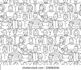 Black and White People Throng Seamless Background. Monochrome outline people drawing. Vector illustration EPS8.