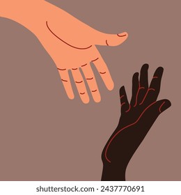 Black and white peoples hands - handshake gesture. Vector illustration in flat style.
