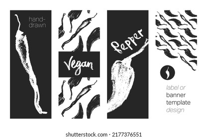 Black and white pepper pattern seamless. Hand-drawn vector illustrations of hot peppers and Jalapeno. Pepper doodles. Vegetable background. Concept of vegan food banner templates. Vegetarian backdrop.