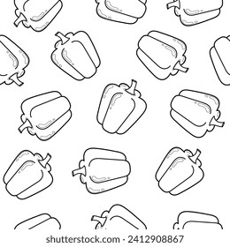 Black and white peppers seamless pattern. Healthy vegetable background in outline for coloring page. Organic food ingredient print. Vector illustration