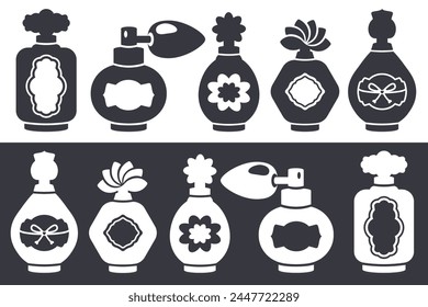 Black and white Perfume silhouette. Set of parfume bottles isolated. Aroma essence in different glass packages. Elegant shape, label, ribbon. Hand drawn design for logo, cosmetic industry. Vector