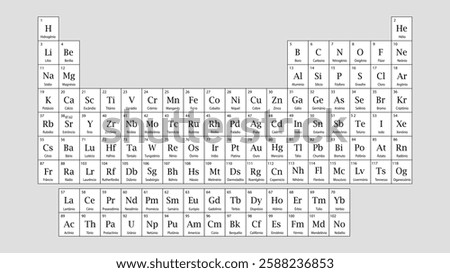 Black and white periodic table with element names, symbols, and atomic numbers in Portuguese for educational use