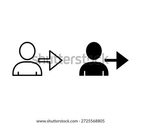 Black and white of a person with a hat and an arrow pointing right