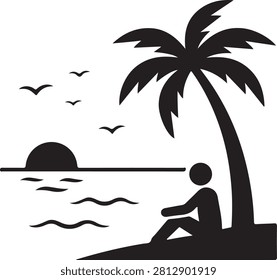 Black and white of a person sitting on a beach under a palm tree watching the sunset over the ocean with flying birds in the sky