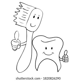 Black and white personified cute funny tooth and toothbrush characters are cheerfully showing thumbs up sign and standing side by side on white background. Healthy teeth. Hygiene rules for children.