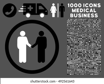 Black And White Persons Agreement vector bicolor rounded icon. Image style is a flat icon symbol inside a circle, gray background. Bonus clipart includes 1000 healthcare business pictograms.