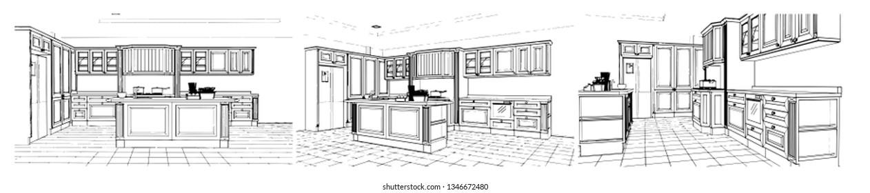 black and white perspective classic kitchen design