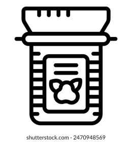 Black and white pet food bag icon with paw print. Animal vector illustration. Design. Packaging. And supplies for nutrition and care of dogs and cats. Isolated graphic symbol for feed and storage