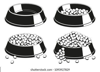 Black And White Pet Food Bowl Silhouette Set. Various Filling State From Empty To Overfilled. Cat Dog Care Themed Vector Illustration For Icon, Sticker, Patch, Certificate Or Gift Card Decoration