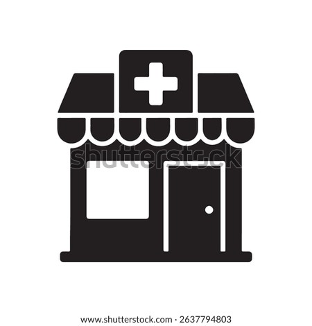 A black and white pharmacy store front icon graphic