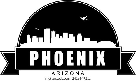 Black and white Phoenix Arizona buildings skyline negative air space silhouette dome shaped emblem with scroll banner below and name text inside. Vector eps graphic design.