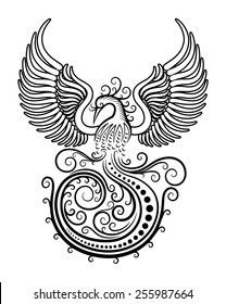 Black and white phoenix bird with beautiful wings. Curl floral ornament decoration. Good use for symbol, mascot, icon, avatar, tattoo, T Shirt design, or any design you want.