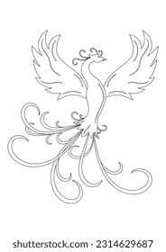 Black and White Phoenix Bird Vector Illustration. Coloring Page of Phoenix Bird