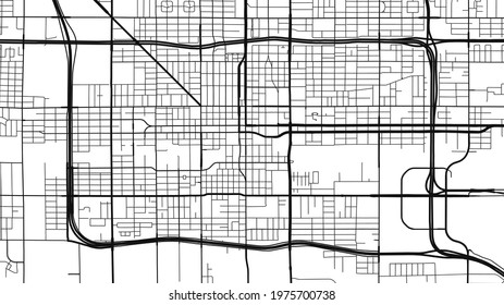 Black and white Phoenix city area vector background map, streets and water cartography illustration. Widescreen proportion, digital flat design streetmap.