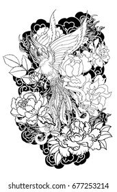 black and white Phoenix fire bird with Peony flower and rose tattoo on cloud and wave background.Hand drawn Japanese tattoo style.Beautiful  phoenix tattoo on black cloud.peacock tattoo Chinese style.