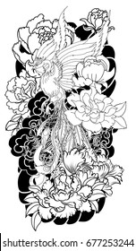 black and white Phoenix fire bird with Peony flower and rose tattoo on cloud and wave background.Hand drawn Japanese tattoo style.Beautiful  phoenix tattoo on black cloud.peacock tattoo Chinese style.