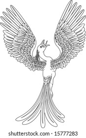 A black and white phoenix in a pose with its wings outstretched and spread widely.