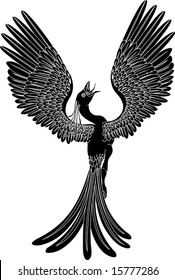 A black and white phoenix in a pose with its wings outstretched and spread widely.